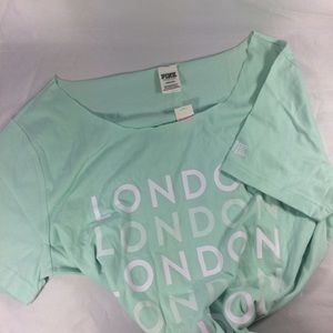 NWT Victoria's Secret Graphic Tee LONDON Teal Raw Edge Boat Neck Tee T-Shirt L